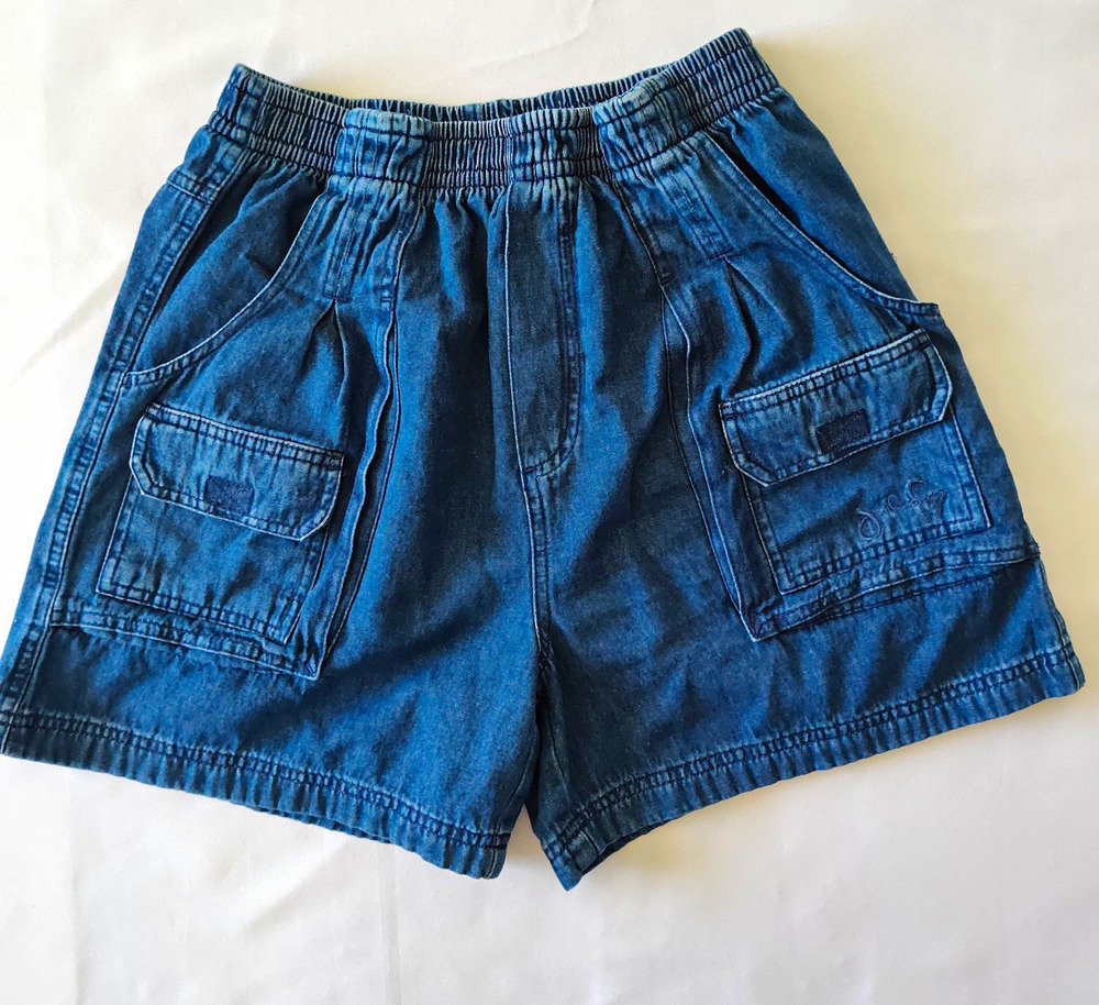 Johnathan Logan Women’s Blue Denim Cargo Shorts M 100% Cotton Elastic Waist